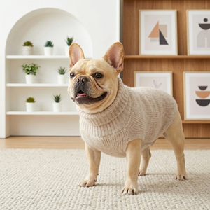 Pull confortable à col roulé pour <span class=keywords><strong>bouledogue</strong></span> français, en tricot côtelé beige, doux et chaud pour petits chiens, utilisation intérieure et extérieure - Product Image 1