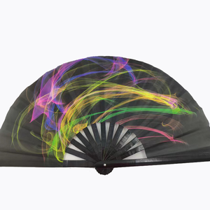 Ventilador de mano con luz de neón UV de bambú para baile, nuevo estilo personalizado, impresionante abanico de 13 pulgadas de tela plegable grande - Product Image 2