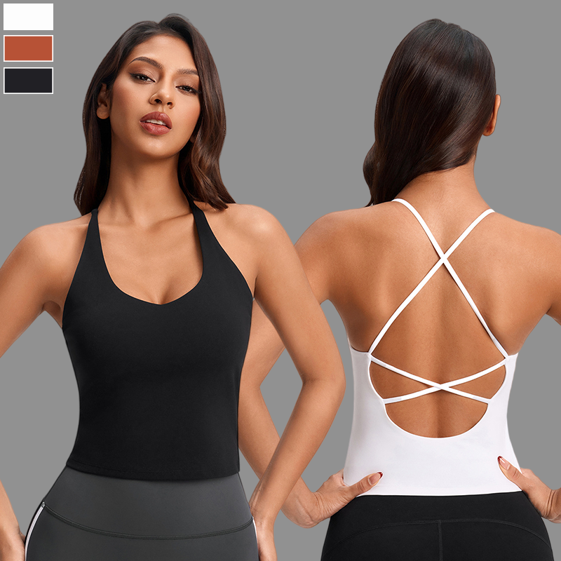 Custom Logo Breathable Moisture-wicking Active Gym Clothing Sleeveless Cross Back Sports Tops Sexy V Neckline Fitness Yoga Bra
