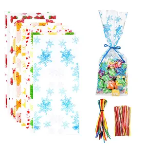 Sacos de celofane para doces, sacos com embalagem de floco de neve para festa natalina, opp, doces e biscoitos com amarras torcidas