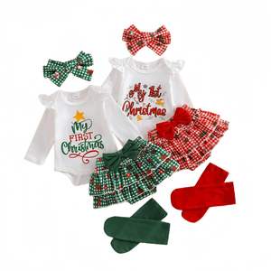 Set Natalizio per Neonati 4 Pezzi in Puro Cotone: Body 'Il Mio Primo Natale', Gonna a Quadri, Fiocco per Capelli + Calzini per Foto Festive - Product Image 1