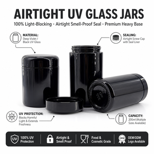 Barattoli in Vetro UV Personalizzati Anti-Odore 100ml, Bocca Larga, Protezione UV, Ermetici, in Vetro Nero Scuro/Violetto <span class=keywords><strong>per</strong></span> <span class=keywords><strong>Erbe</strong></span> e Fiori - Product Image 1