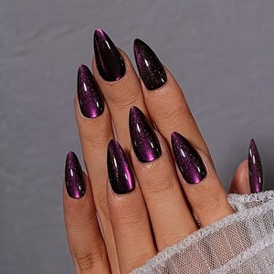 24 Uñas Postizas con Efecto Ojo de Gato, Forma Almendrada, Cobertura Total, Color Morado Brillante y Negro para Mujer - Product Image 1