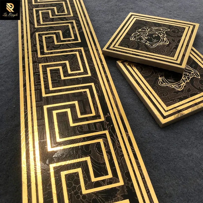 Sping letile Foshan Baumaterial ien schwarz Holzmaserung Rand Boden Design gemustert Porzellan golden matt Keramik Rand fliese