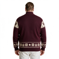Pull en maille jacquard à col quart zippé, boutonné, motif rétro de Noël, rouge, pour homme, ODM OEM