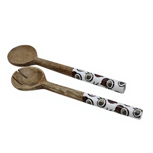Utensilios para Servir Ensaladas de Frutas, Cuchara y Tenedor Manuales de Madera de Acacia con Mango con Estampado de Esmalte, Herramientas de Cocina - Product Image 1