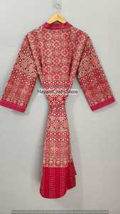 Robe kimono matelassée rouge imprimée pour femme, manches trois quarts, longueur intégrale, col en V, tenue décontractée, 100% coton tissé, vêtements de nuit - Product Image 3