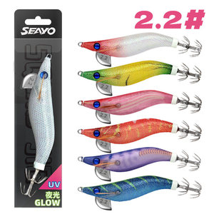 SEAYO 2.2 Señuelo de pesca de seda suave con forma de camarón de madera, <span class=keywords><strong>EGI</strong></span> JIG, para pulpo y calamar de cola grande, luminoso UV con brillo nocturno y anzuelo - Product Image 1