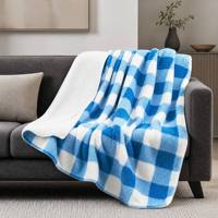 Plaid de luxe réversible en flanelle imprimée et sherpa, double couche, motif pied-de-poule bleu premium, chaud, pour l'hiver, la maison et la décoration de lit, toutes tailles