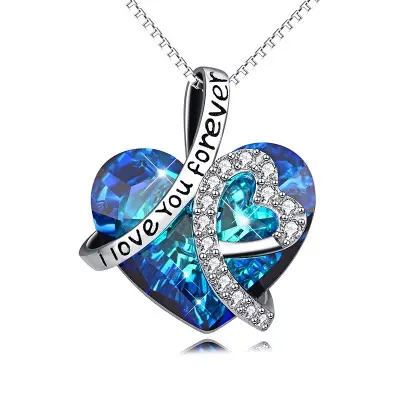 Heart Necklace Austrian Crystal I Love You Forever S925 Sterling Silver Necklaces for Couple Valentine's Day Girlfriend
