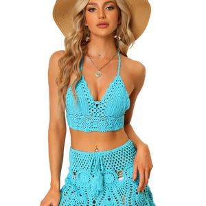 Traje de Baño de Dos Piezas de Ganchillo 3D Personalizado, Estilo Boho, con Aberturas, Top Corto con Cuello Halter y Minifalda - Product Image 2