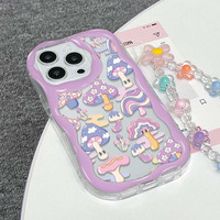 Coque de téléphone portable INS brillante et colorée en forme de champignon avec chaîne pour iPhone 11, 16 Pro, 17, 18 Pro Max, coque arrière crème