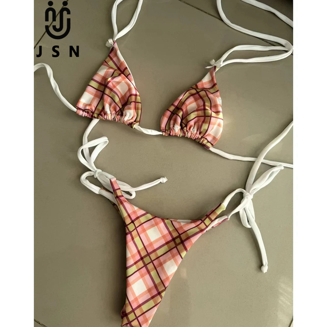 JSN 2026 Customized New Design Sexy Women's Push up Swimwear Plaid Two-Piece Low Waist Thongs Bikini Fashion Swimwear for Lady