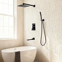 Système de douche mural en laiton noir mat de luxe, encastré, 3 fonctions, avec robinet de douche à effet pluie et bec de baignoire orientable