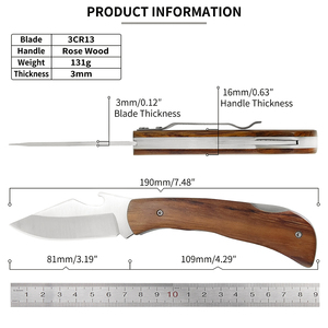 ブラジル製ステンレス鋼ブレード折りたたみ戦術キャンプEDCポケットカニヴェットナイフ木製ハンドル付きサバイバル用 - Product Image 2