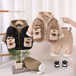 Autumn and Winter Set 2025 New Boys' Velvet Bear Footprint <strong>Vest</strong> <strong>3</strong>-Piece Set 0-1-<strong>2</strong>-<strong>3</strong> <strong>Years</strong> Old 4 Infants and Children Thickened - Product Image 3