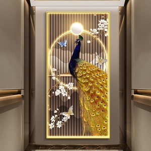Modern Golden Landscape Animal Flowers Led Framed Wall Art Crystal Porcelain Diamond Glass Painting <strong>Peacock</strong> <strong>Pictures</strong>