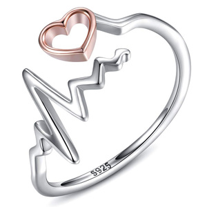 Bague en argent sterling 925 personnalisable en gros, ajustable, pour infirmière, médecin, bijoux, cœur, battement de cœur - Product Image 1