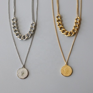 Chaîne cubaine à Double chaine pour femmes, plaqué or 18k, avec pendentif en pièce de monnaie, chaîne cubaine reine ustensile, bijoux, - Product Image 2