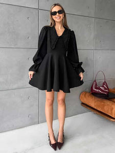 Sweet <strong>Women</strong> <strong>Funeral</strong> Evening Party Vintage Elegant Black Sexy Design Collar Flared Sleeve French Long-Sleeved <strong>Dress</strong> - Product Image 3
