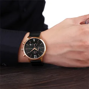 Relojes Hombre Mannen Pols Luxe Zwart Quartz Horloge Mesh Roestvrij Stalen Armband Custom Logo Chronograaf Horloges