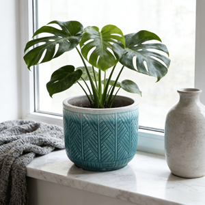 Grand ensemble de pots de fleurs en céramique émaillée vert sarcelle de style américain avec texture tressée pour décoration intérieure et extérieure, jardin et patio - Product Image 2