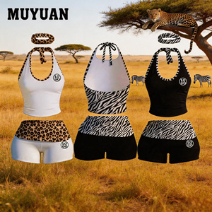 Set 3 Pezzi Sexy con Stampa Leopardata: Top Corto Halter Senza Schienale e Shorts a Vita Alta per Donna, Estivo in Cotone Spandex, Logo Personalizzato OEM ODM - Product Image 1