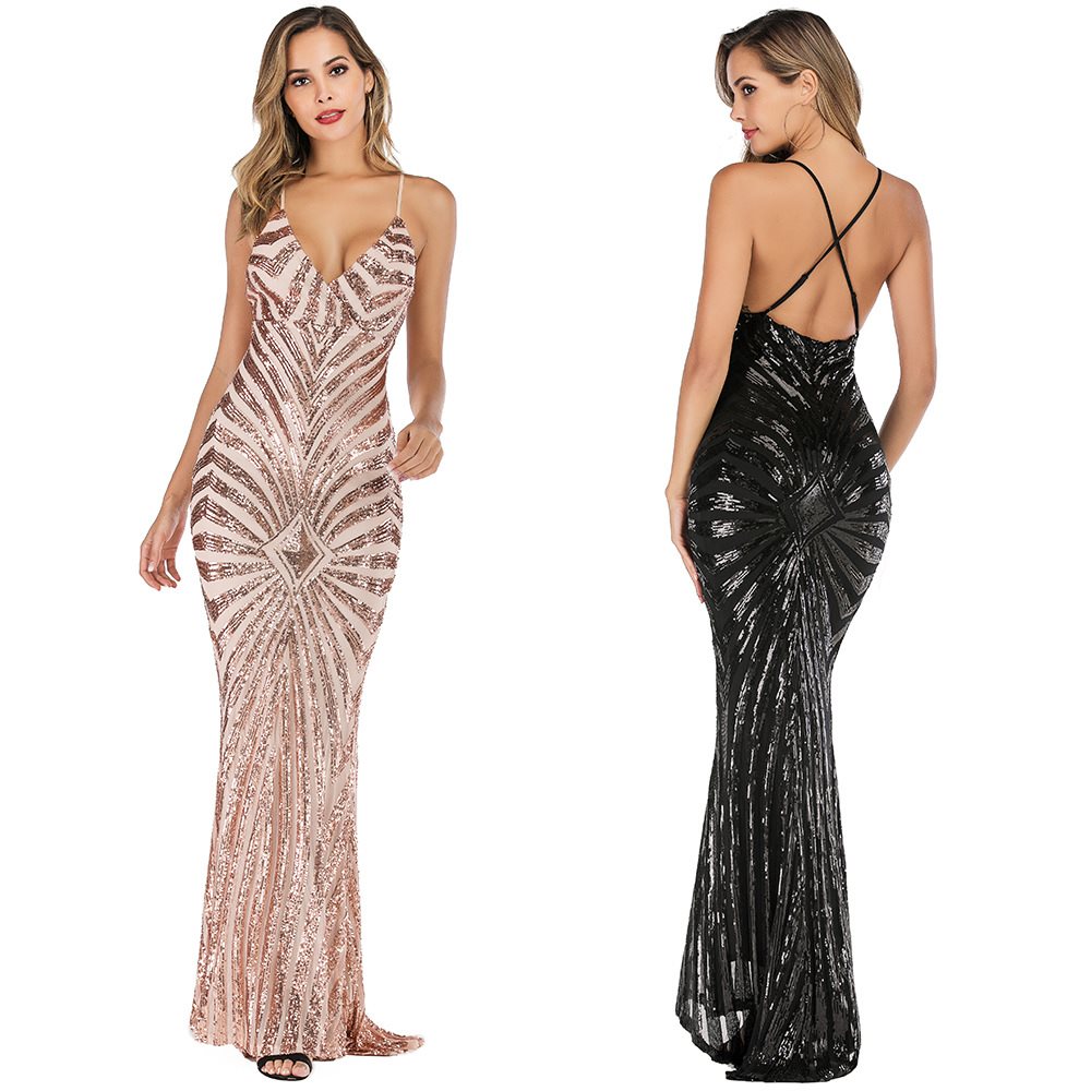 Phụ Nữ Mới Mùa Hè Sequined Sexy Treo Halter Dài Ăn Mặc Buổi Tối Đảng Sâu V-Neck Lau Dresses