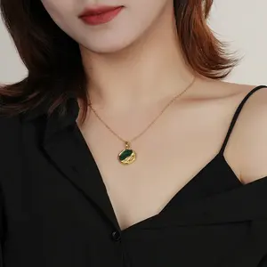 Kalung batu permata 2024 trendi perhiasan 925 perak murni 18k koin bulat Emas setengah permata kalung malachite untuk wanita