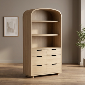 Modern Teak Wood Arched <b>Book</b> <b>Storage</b> with 6 Handleless Drawves - Product Image 2