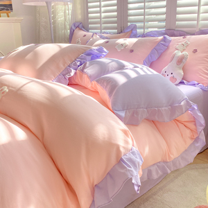 Princess Style Cotton <b>Bedding</b> <b>Set</b> Solid Color Lace Trim Breathable Home Use - Product Image 4