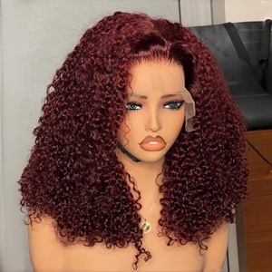 <span class=keywords><strong>Parrucche</strong></span> Bob Corte 99J Bordeaux con Pizzo Frontale HD 13*4, Onde Acqua, Densità 250%, <span class=keywords><strong>Capelli</strong></span> Umani Ricci Profondi, <span class=keywords><strong>Parrucche</strong></span> Afro per Donne - Product Image 3