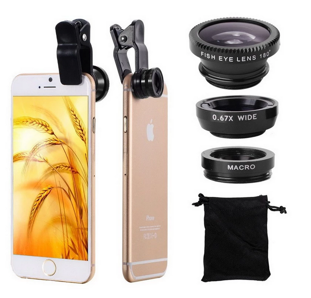 3 in 1 Fish Eye for iPhone Phone Lens Fisheye +wide Angle +macro Camera Lenses for Smart Phone