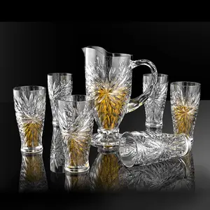 Venta al por mayor de alta calidad de decoración de diseño de fuegos artificiales 7PCs taza de vidrio de decoración de vidrio jarra de agua Set para la promoción del festival