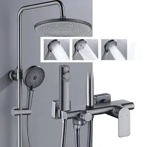 Hotel Bathroom Luxury Gun Gray Copper Four Function Rain Shower Set Brass Bath Shower Mixer Set With Spray Gun