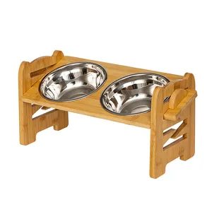 MAKI Bamboo Elevated Cat Bowls 6 verstellbare Höhen Raised Dog Bowl Stand Hundefutter und Wasserschalen