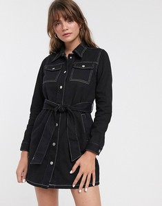 Giacca a bottone con colletto a punta a forma di bottone cravatta in vita con cuciture a contrasto con tasche funzionanti Mini camicia con cintura in Denim abito da donna - Product Image 2