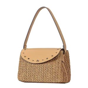 Designer Rivet Flap PP Straw Tote <b>Women</b> Convertible Shoulder <b>Beach</b> <b>Bag</b> Leather Patchwork Custom Wholesale - Product Image 4