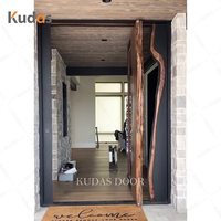 Puerta Principal de Entrada Pivotante de Aluminio Fundido para Villa de Lujo, Puerta de Entrada de Seguridad Moderna con Acabado en Madera y Vidrio
