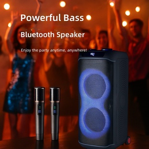 Enceinte portable d'extérieur pour fêtes, double subwoofer de 8 pouces avec <span class=keywords><strong>2</strong></span> microphones sans fil, lumières LED RGB, machine de karaoké - Product Image 1