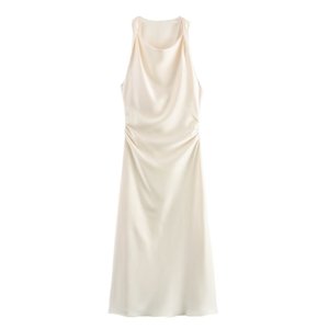 <span class=keywords><strong>Abito</strong></span> elegante da donna senza maniche di media lunghezza nuovo o-collo in vita stretto e dimagrante stile Casual <span class=keywords><strong>abito</strong></span> in raso tinta unita - Product Image 6