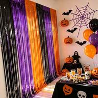 Rideau à franges métalliques Halloween noir, violet, orange, tricolore, en feuille d'aluminium, pour décoration de fête