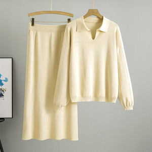 Ensemble pull tricoté pour femme avec col polo et jupe, tenue décontractée printemps, beige, taille M - Product Image 2