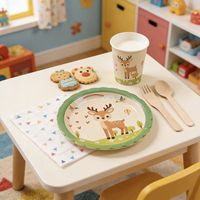 Ensemble complet de vaisselle jetable Lanweier à motif cerf de dessin animé avec plateau, gobelets et serviettes pour fêtes d'animaux de compagnie