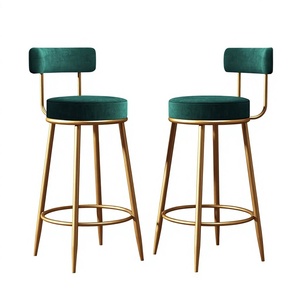 Luxury Kitchen Island Bar <b>Stool</b> with <b>Round</b> Velvet Seat Gold Steel Legs and Back Support for Cafe Restaurant - Product Image 1
