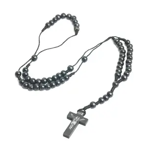 JC批发时尚天然木制十字架8毫米手工项链祈祷珍珠饰品基督教