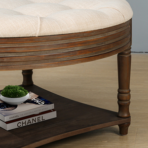 Table basse ottoman ronde capitonnée avec étagère de rangement en bois, style farmhouse, 2 niveaux, plateau surdimensionné à boutons - Product Image 3