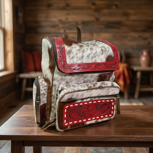 Sac à dos imprimé en cuir de vachette avec garniture en cuir gaufré rouge, fermeture éclair, style bohème unisexe, souple, 20-35L, usage quotidien - Product Image 3