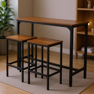 Juego de mesa de bar rústico de 3 piezas con 2 taburetes, tablero rectangular de madera, estructura de metal, diseño moderno para bar o área de desayuno - Product Image 2