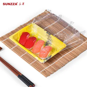 Sunzza fábrica al por mayor japonés amarillo comida platos Sushi bandejas contenedor plástico desechable salmón sacar cajas de embalaje
